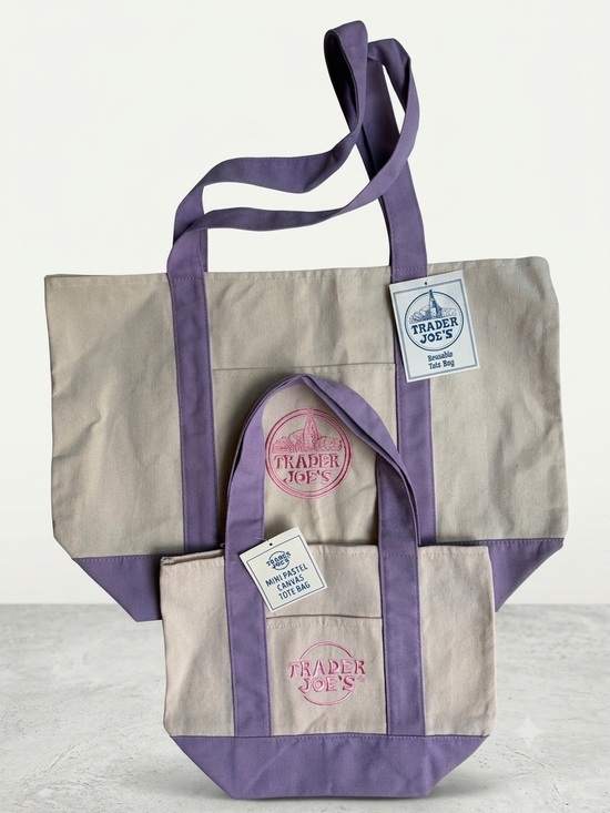 Trader Joe'S Handbags - Trader Joe’s Canvas Large and Mini Tote Bag Set- Cream with Lavender Handles